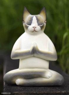 Cat in Meditation Signed Hand Carved Sculpture Bali Art