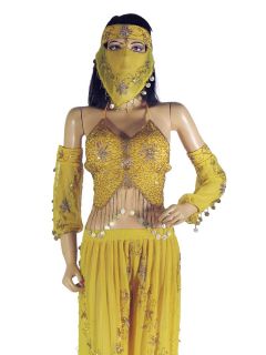 Gorgeous Hand Crafted beaded 5 PC set Yellow Belly dance Top (Choli
