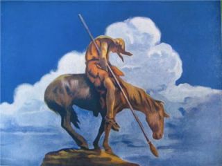 Trails End American Indian Resting on Horse Old Litho