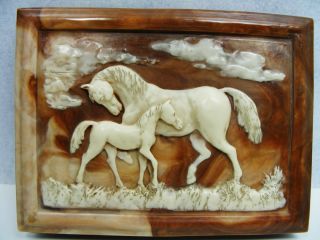 Vintage Dante 1960s Mahogany Mens Jewelry Box Incolay Mare Foal Horses