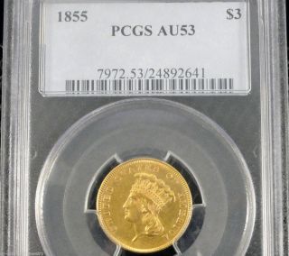 1855 Gold Indian Princess 3 Dollar $3 Gold Coin RARE 2nd Year PCGS AU