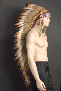   NATIVE INDIAN CHIEF FEATHER HEADDRESS 125CM LONG BROWN TIP FEATHERS