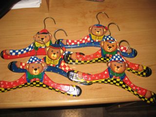 Vintage Wooden Baby Clothes Hangers Set of 6 Hand Painted Teddy Bear