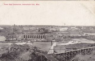 International Falls Minnesota Power Dam Construction Vintage Postcard