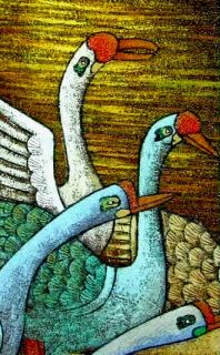 Art Nouveau Petite Maid Geese Signed Oil