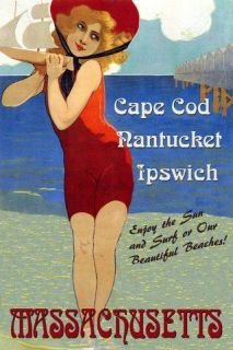 Cape Cod Nantucket Ipswich Girl Beaches Travel Vintage Poster Repro