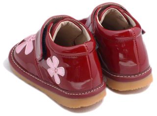 Girls Toddler Leather Squeaky Shoes Boots Patent Red with Pink Flowers