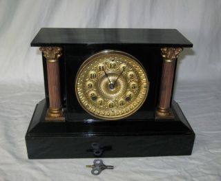 Antique Ansonia Iron Shelf Mantel Clock Black Lacquer