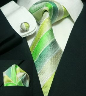 Landisun 39A Green Stripe Tie Set Tie Hanky Cufflinks
