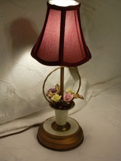 VTG ITALIAN PORCELAIN ROSE BASKET BOUDOIR LAMP SATIN SHADE GOLD GILT