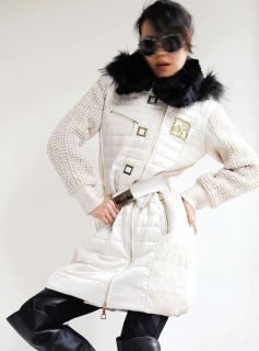 SALE $489 Rabbit Fur Collar and Hooded Quilted Puffer Down Long Coat
