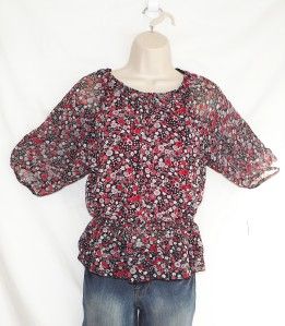 IZ Amy Byer Girls Red Black Sheer Floral Layered Peasant Blouse Size L