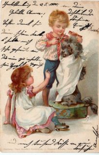 Antique postcard Children girl & boy cutting dog s hair Poodle Lowchen