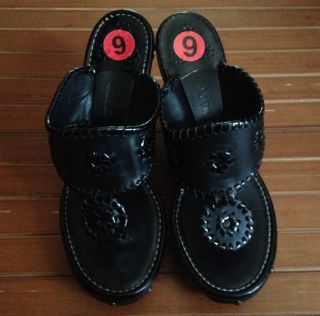 NEW 188 Jack Rogers Marbella Black Leather Wedge Platform Thong Sandal