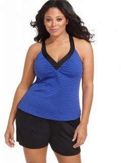 Jag Plus Size Blue Crisscross Back Stripe Tankini Swimsuit Shorts 22W