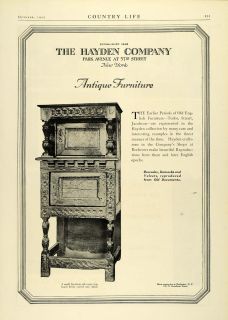 1925 Ad Hayden Co Antique Furniture Jacobean Oak Cupboard Carved Home