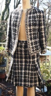 RARE French Designer Jacques Fath wool houndstooth suit w braid trim c