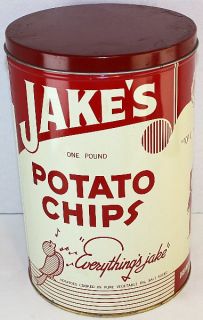 1938 Jakes Everythings Jake 1 lb Atlanta GA Potato Chip Tin Can