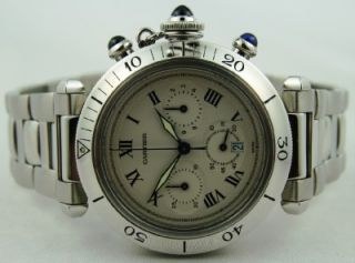 Cartier Pasha 38mm Quartz Chronograph White Guilloche Dial Steel Mens