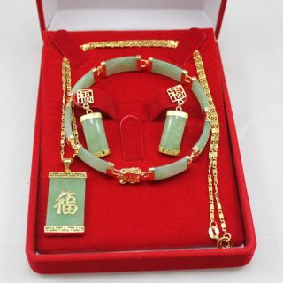 women bridal jewelry green jade 18K GP earring Pendant bracelet set NO