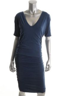 James Perse New Blue Shirred Double V Neck Short Sleeve Casual Dress 4