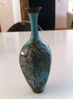 Antique Japanese Cloisonne Vase Signed Hattori Ryozo Turquoise Flowers