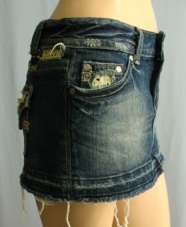 Miss Me Micro Mini Denim Jean Skirt Embroidered Lace Trim Rhinestones