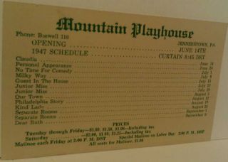 1947 Mountain Playhouse Jennerstown PA Advertising Schedule Prices