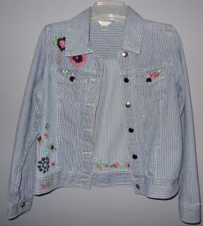 Womens Christopher Banks Jean Jacket Embroidered Flowers Small Blue