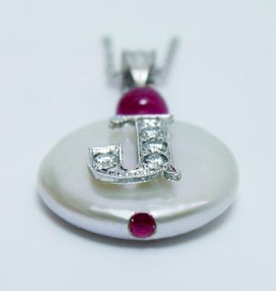Designer Diamond Initial J Button Pearl Ruby 14k White Gold Pendant