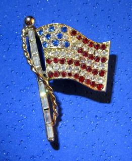 Vintage Pell Jewelry Co American Flag Pin Rhinestones Patriotic