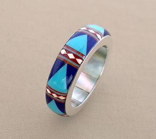 PRETTY MULTICOLOR SPINY OPAL TURQUOISE MOP INLAY .925 SILVER BAND RING