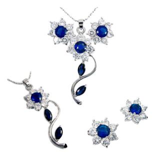 Party Jewelry Set Jewellery Round Cut Blue Sapphire Pendant Earrings