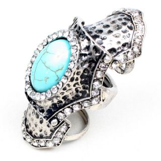 Turquoise Blue Stone Rhinestone Leopard Knuckle Armor Long Ring