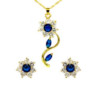 Wedding Jewelry Set Blue Sapphire 18K Gold Plated Pendant Earrings for