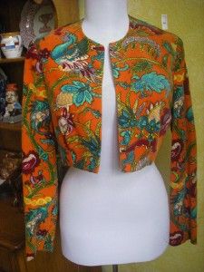 Vintage Joanna Nelson Bolero Jacket Orange w Multi Color Flowers Sz S