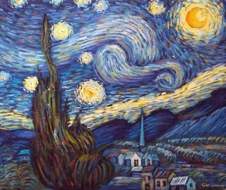Starry Night Famous Vincent Van Gogh Repro Moonlit Town Church Oil