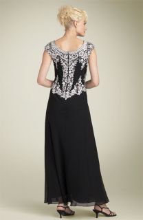 New J Kara Beaded Mock Two Piece Chiffon Gown Black/Silver/White Size