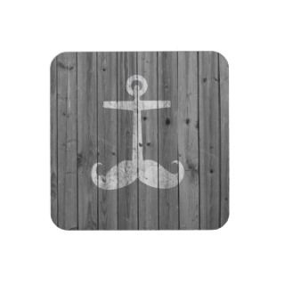 Hipster white mustache anchor on retro gray wood beverage coasters