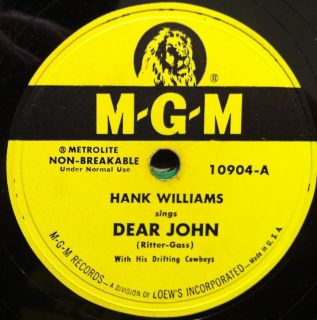 Hank Williams Dear John Cold Cold Heart 10" 78  