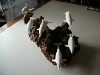 1986 John Perry Pellucida Resin Cream Dolphin School Burlwood Sculpture Whale  