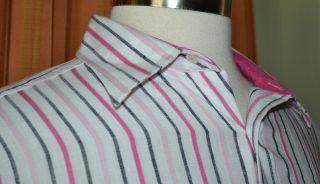 Sean John Long Sleeve White Pink Black Linen Cotton Blend Stripe Shirt Mens XL  