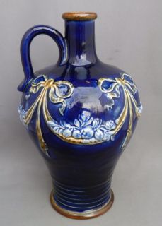 Antique Royal Doulton Blue Flowers Art Nouveau Style Whiskey Flask Flagon Jug  