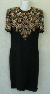 Mark John by Sam Black Evening Dress Sequin Beads Rhinestones Sz L Pure Silk  