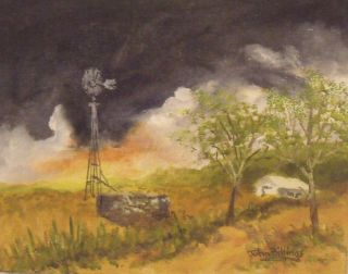 John Billings original oil painting windmill black storm clouds sunset barn NR  