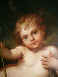 Large Antique C 1850 Italian Infant John The Baptist Cherubs Oil Old Master Best  