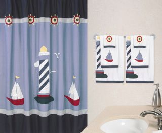 JoJo Designs Navy Blue Come Sail Away Lighthouse Boat Beach Kid Shower Curtain  