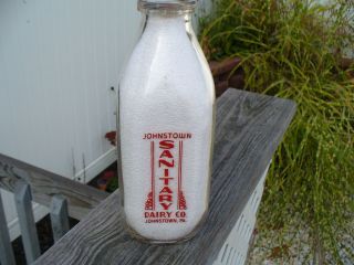 Johnstown Sanitary Dairy Red Lettered Quart Milk Bottle Cambria County PA  
