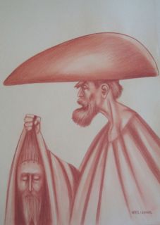 RAFAEL CORONEL SANGUINEA ON PAPER MAN WITH HEAD SIGND  