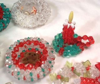 11 Vintage Handmade Crystal Bead Ornaments Nativity Cardinal Candles Santa Tree  